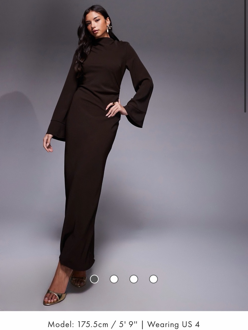 Brown Long Sleeve Cinched-Side Dress